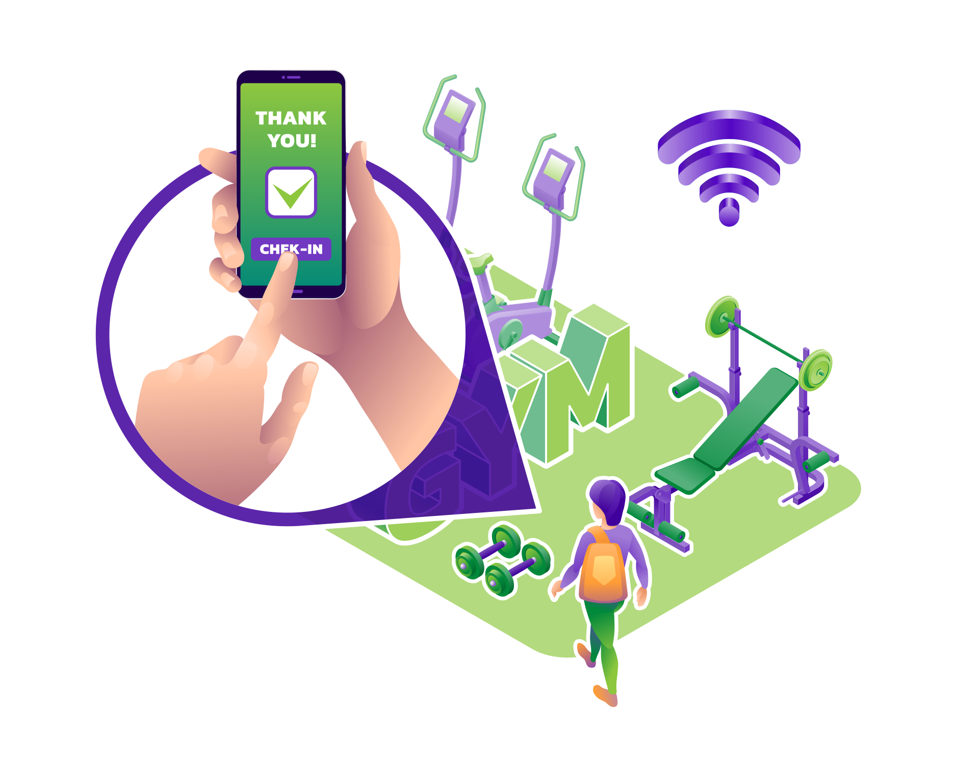 A gym customer using a phone to check in over Wi-Fi near fitness equipment